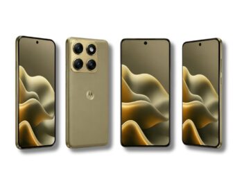 Leaked renders of the Motorola Edge 2026 in Champagne Gold showing front, textured back, and profile views.