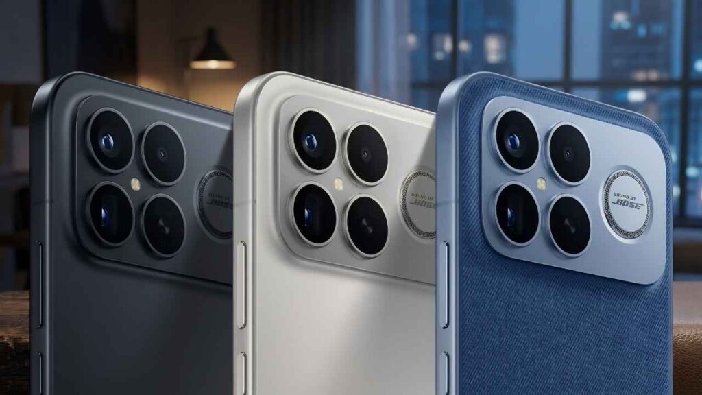 Leaked render showing the Redmi K100 series in black, white, and blue color variants with a prominent rear camera module labeled Sound by Bose.