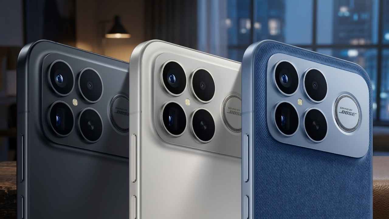Leaked render showing the Redmi K100 series in black, white, and blue color variants with a prominent rear camera module labeled Sound by Bose.