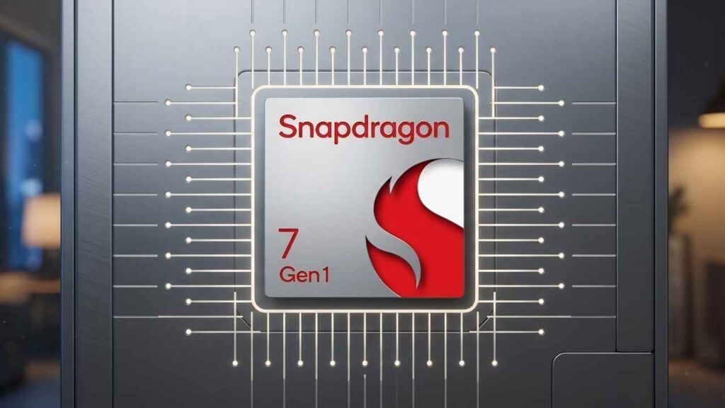 A close-up 3D render of the Qualcomm Snapdragon 7 Gen 1 processor chip on a motherboard.