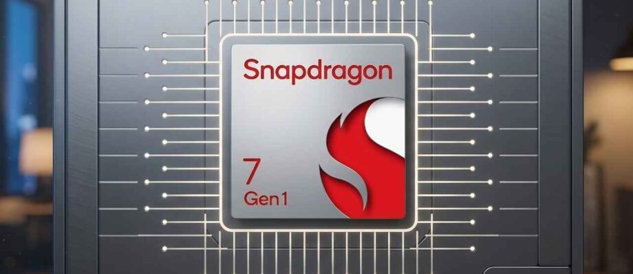 A close-up 3D render of the Qualcomm Snapdragon 7 Gen 1 processor chip on a motherboard.