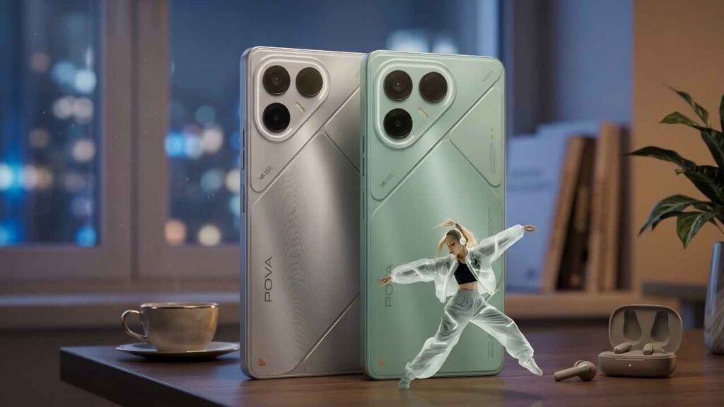 Tecno Pova series smartphones in Silver and Green color options showing the rear panel design with unique visual patterns and camera sensors.