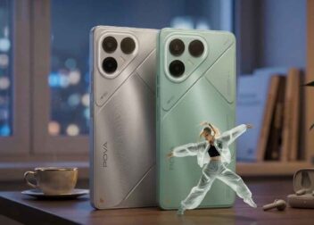 Tecno Pova series smartphones in Silver and Green color options showing the rear panel design with unique visual patterns and camera sensors.