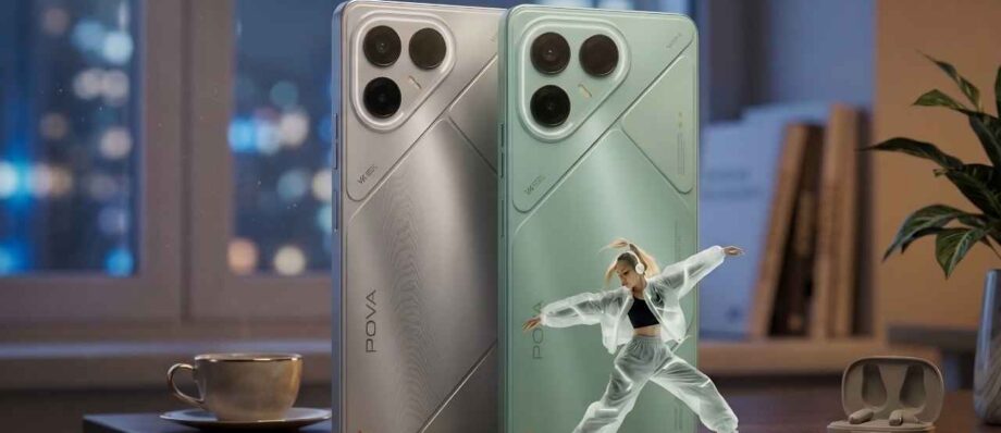 Tecno Pova series smartphones in Silver and Green color options showing the rear panel design with unique visual patterns and camera sensors.