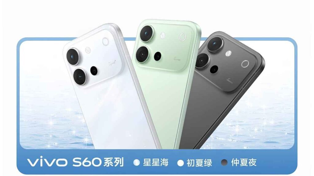 Official teaser of Vivo S60 series showing three color variants with iPhone style triple camera layout and flat premium design.