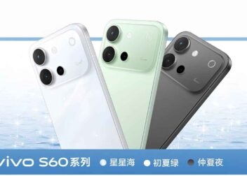 Official teaser of Vivo S60 series showing three color variants with iPhone style triple camera layout and flat premium design.