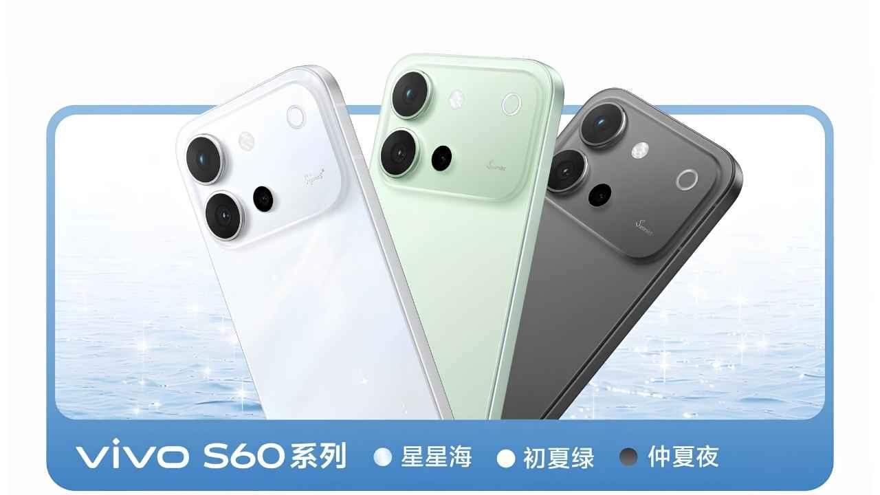 Official teaser of Vivo S60 series showing three color variants with iPhone style triple camera layout and flat premium design.