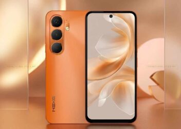 Walton NEXG N28 Pro showing the sleek front display punch-hole and rear camera setup in Cosmic Orange color