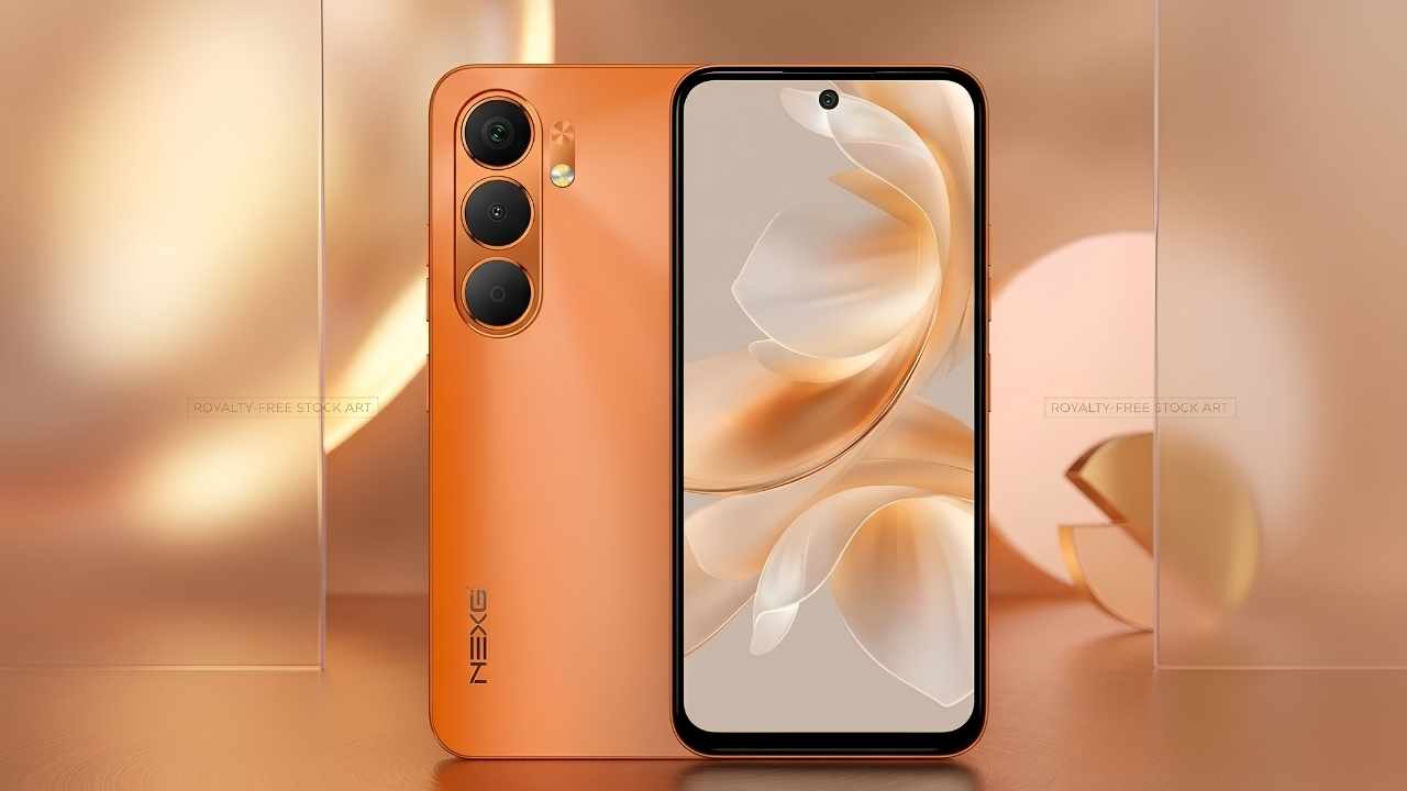 Walton NEXG N28 Pro showing the sleek front display punch-hole and rear camera setup in Cosmic Orange color