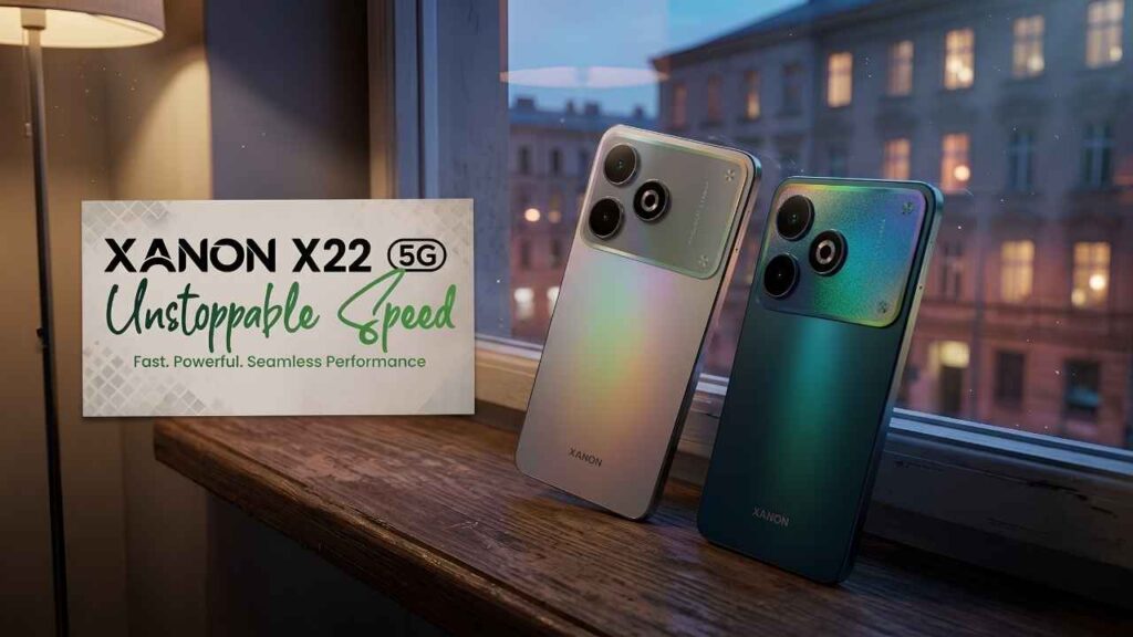 Official banner of Walton XANON X22 5G smartphone in Obsidian Gray and Zenith Green colors showing unstoppable speed.