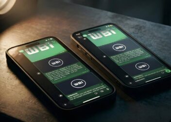 Two smartphones displaying the new WhatsApp Liquid Glass dark mode chat interface with translucent floating bars in iOS beta.