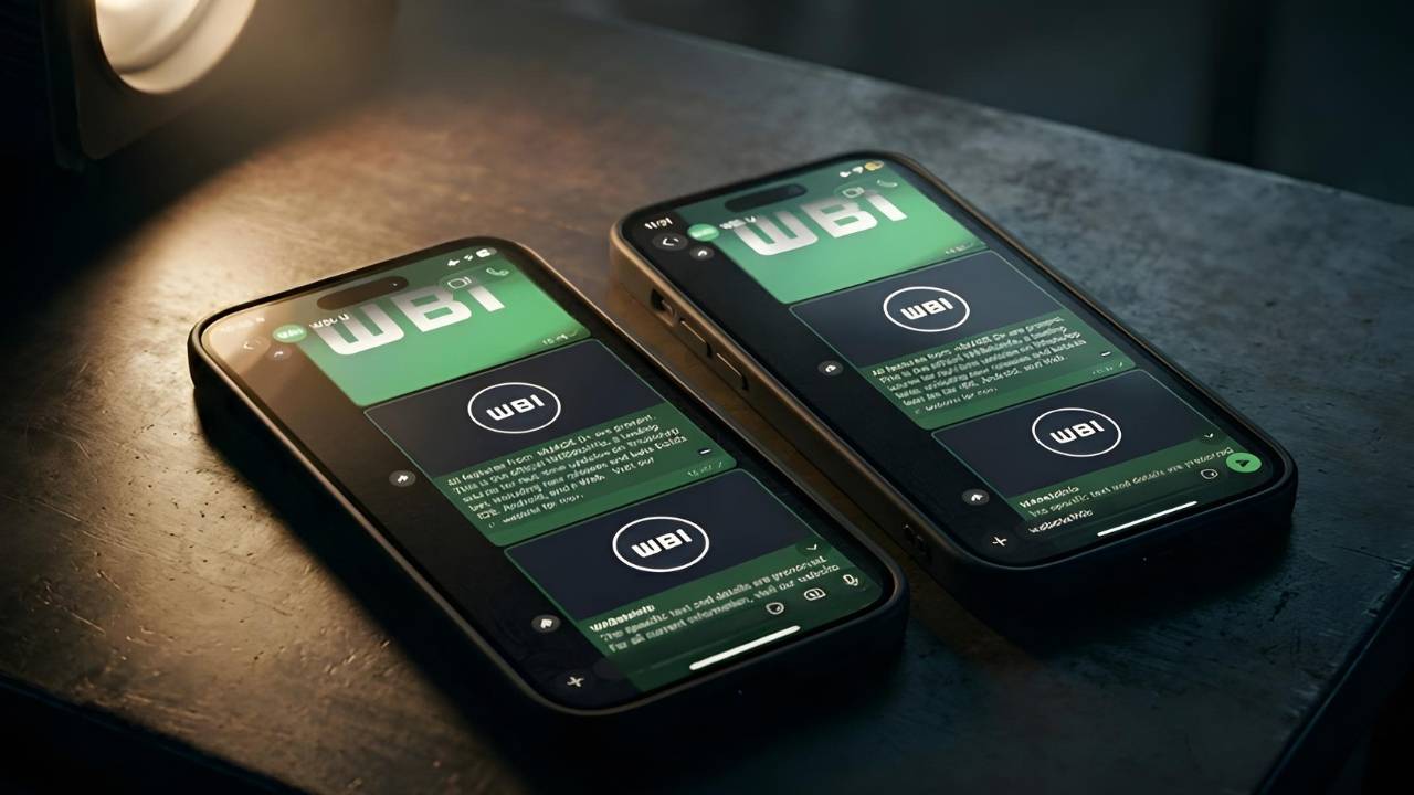 Two smartphones displaying the new WhatsApp Liquid Glass dark mode chat interface with translucent floating bars in iOS beta.
