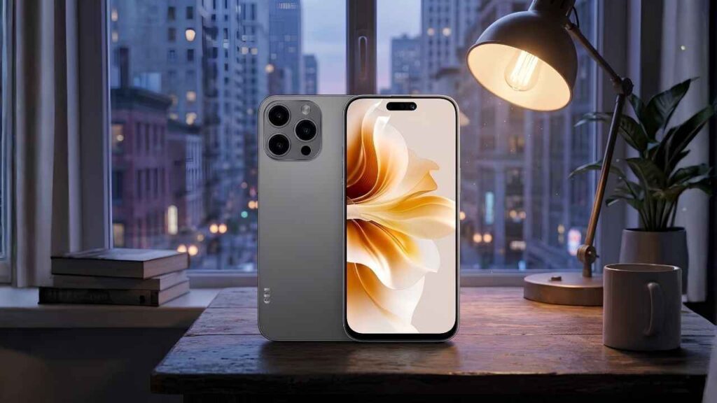 GDL GigaX S7 budget smartphone placed on a wooden desk with a warm lamp in the background.