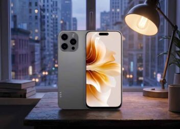 GDL GigaX S7 budget smartphone placed on a wooden desk with a warm lamp in the background.