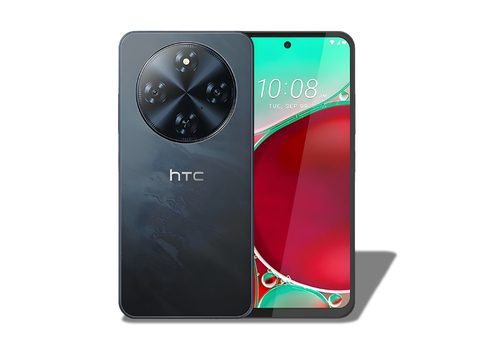 Official product render of HTC Wildfire E5 Elite in Black color showing the rear circular camera setup and waterdrop notch front display