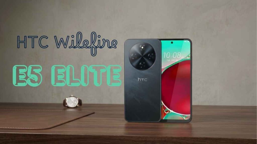 HTC Wildfire E5 Elite smartphone showcasing front and back design on a desk background with price in Bangladesh text