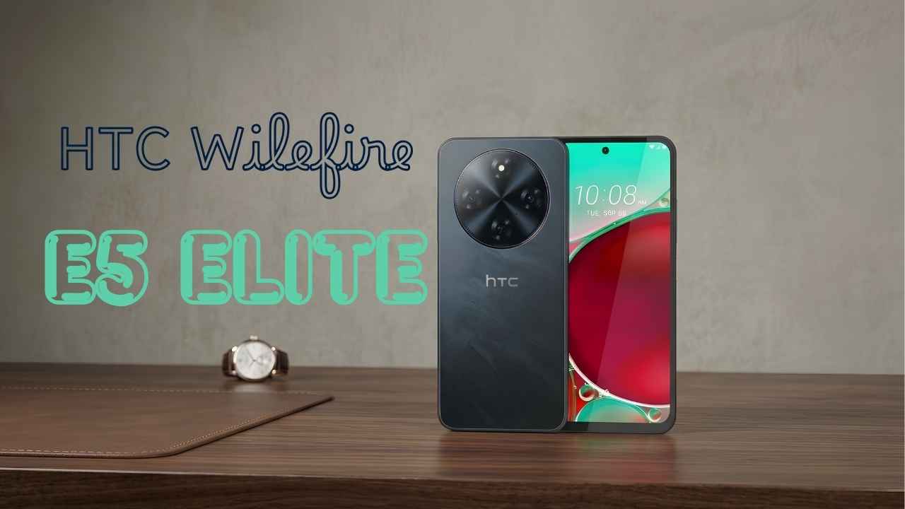 HTC Wildfire E5 Elite smartphone showcasing front and back design on a desk background with price in Bangladesh text