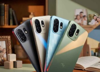 Itel A100C color variants showing Pure Black, Titanium Gold, Blaze Blue, and Silk Green back designs.