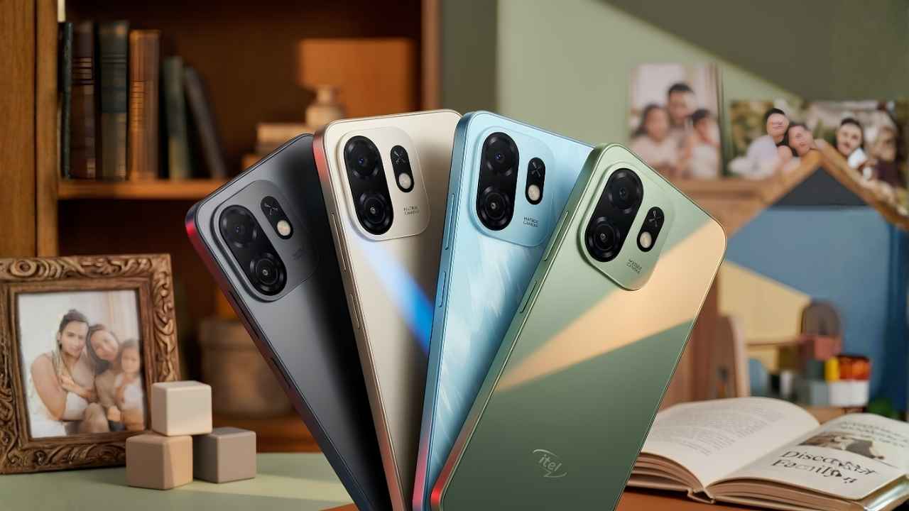 Itel A100C color variants showing Pure Black, Titanium Gold, Blaze Blue, and Silk Green back designs.