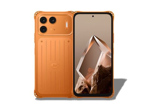 Front and back design render of the itel Power 80 in Lava Orange