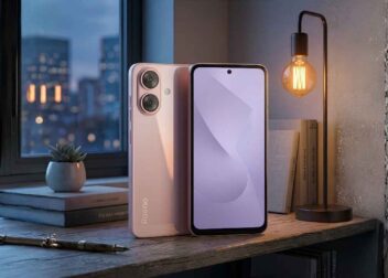 Raeno NEO-01 Rose Gold color variant displaying front screen and rear sleek design on a desk.