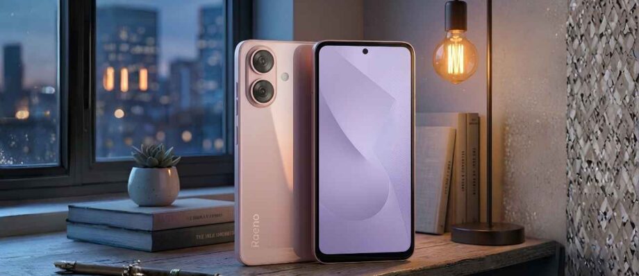 Raeno NEO-01 Rose Gold color variant displaying front screen and rear sleek design on a desk.