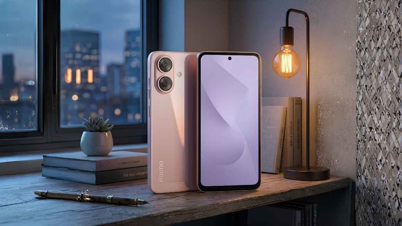 Raeno NEO-01 Rose Gold color variant displaying front screen and rear sleek design on a desk.