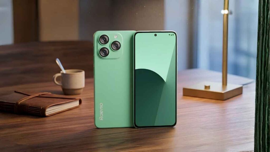 The beautiful Raeno R-X1 Green variant lying elegantly on a study desk.