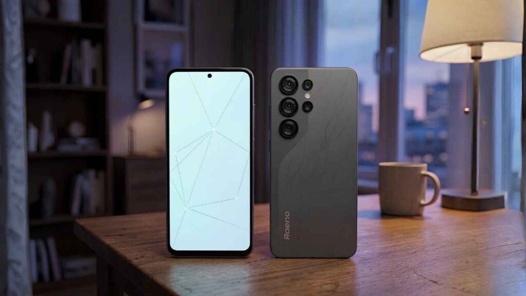 Raeno S1 Pro smartphone displayed on a wooden table showing the front and back panel design in Bangladesh.