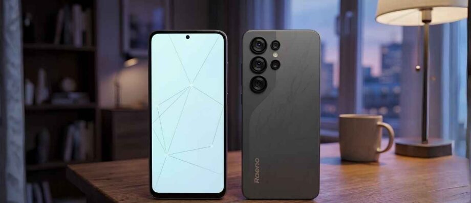 Raeno S1 Pro Price in Bangladesh: Full Specs, Pros, Cons & Verdict 1 Raeno S1 Pro smartphone displayed on a wooden table showing the front and back panel design in Bangladesh.