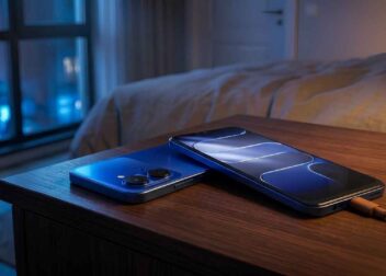 Tecno Spark Go 3 smartphone charging on a wooden table at night