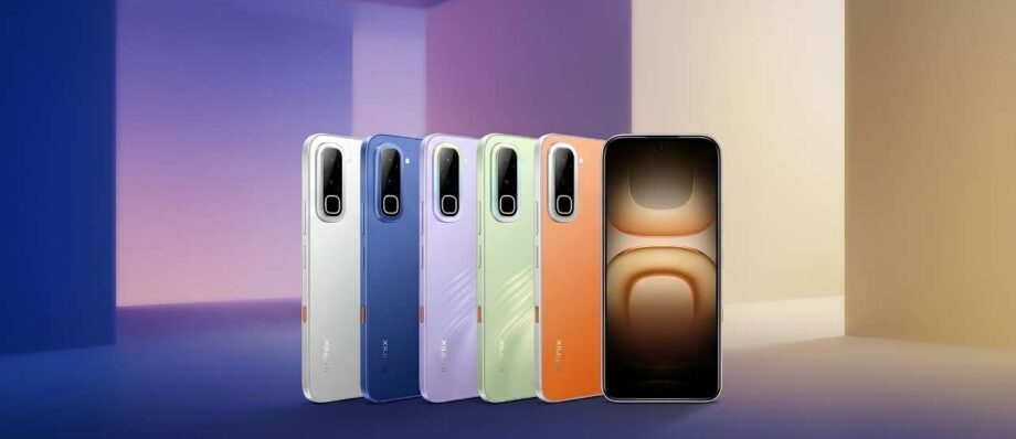 Infinix Hot 70 all official color variants including Night Pulse, Dive Blue, Silver Dancer, Thermo Orange, and the front screen design.