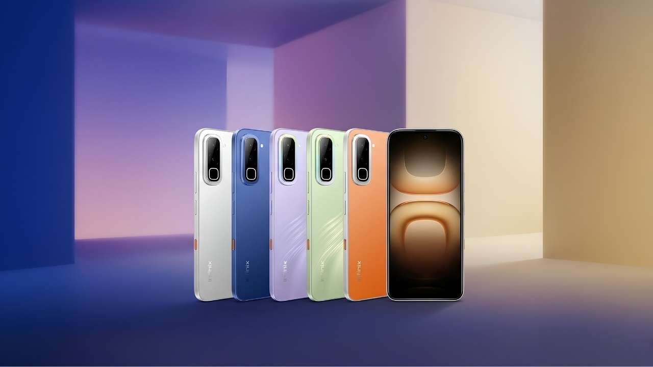 Infinix Hot 70 all official color variants including Night Pulse, Dive Blue, Silver Dancer, Thermo Orange, and the front screen design.