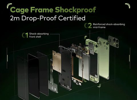 Exploded view of itel Power 80 interior showing the reinforced shock-absorbing mid-frame