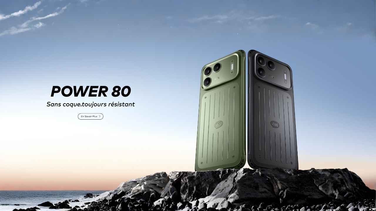 Rugged and durable itel Power 80 smartphone standing on coastal rocks
