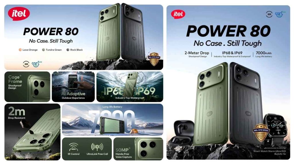 Grid layout of itel Power 80 features including 7000mAh battery, IP69 waterproofing, and 2m drop resistance