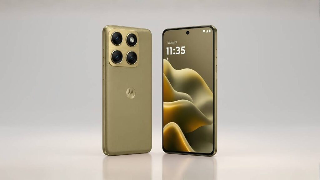 Front and back view of the new Motorola Edge 2026 smartphone in Pantone Martini Olive color highlighting the curved AMOLED display and triple-camera module.