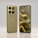 Front and back view of the new Motorola Edge 2026 smartphone in Pantone Martini Olive color highlighting the curved AMOLED display and triple-camera module.