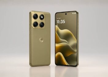 Front and back view of the new Motorola Edge 2026 smartphone in Pantone Martini Olive color highlighting the curved AMOLED display and triple-camera module.