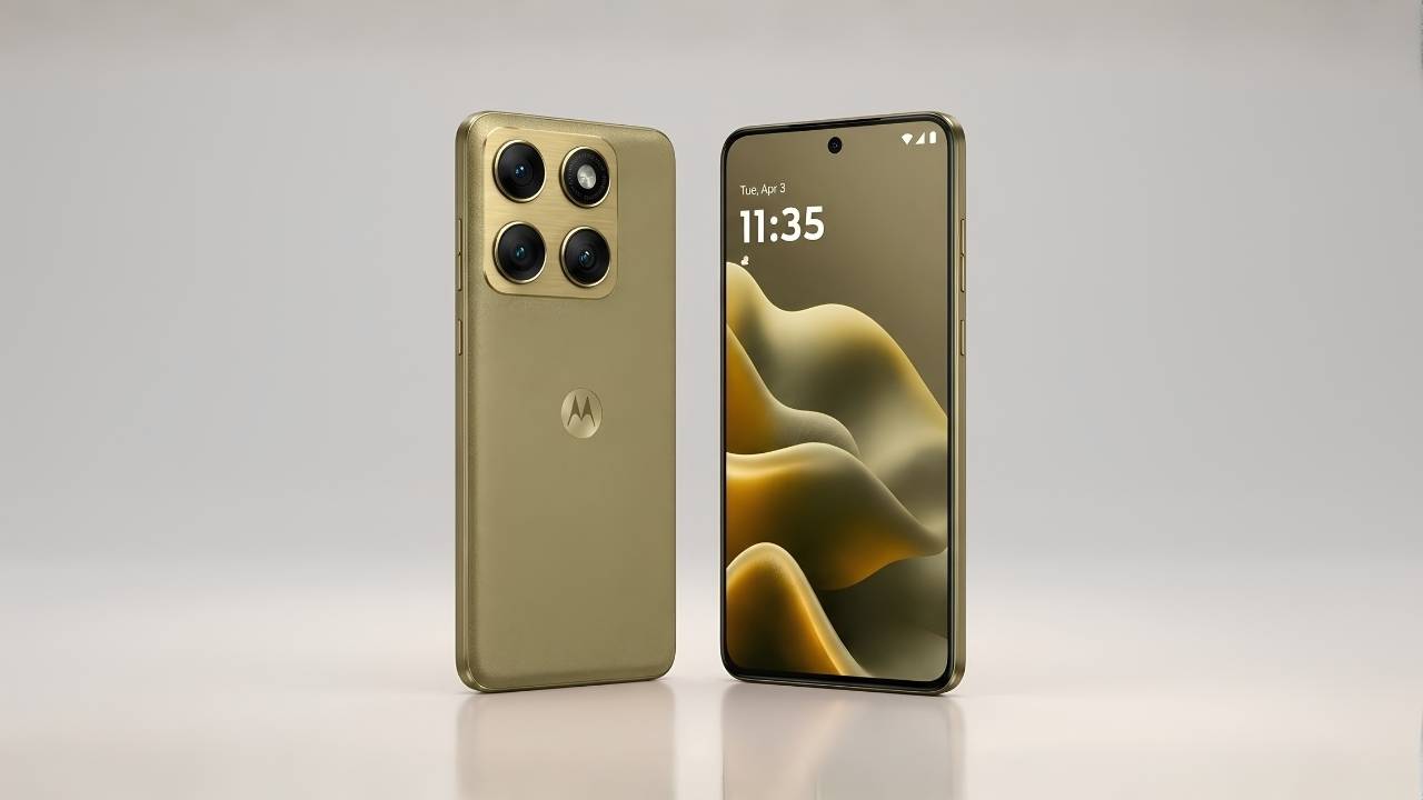 Front and back view of the new Motorola Edge 2026 smartphone in Pantone Martini Olive color highlighting the curved AMOLED display and triple-camera module.