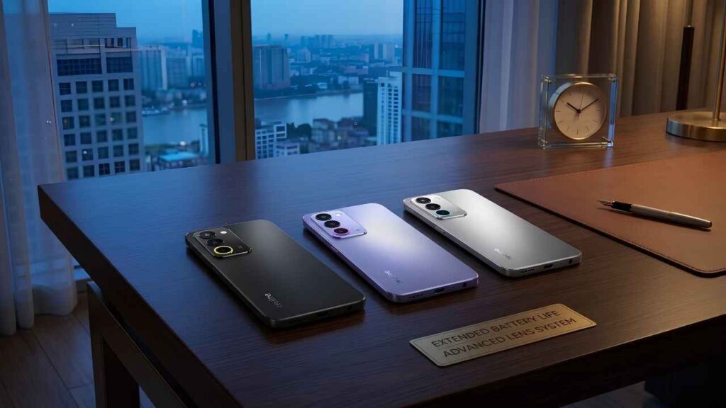 Three Realme P4R smartphones in Titanium Glare, Lavender Glare, and Silver Glare lying flat on a wooden office desk.