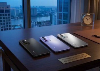 Three Realme P4R smartphones in Titanium Glare, Lavender Glare, and Silver Glare lying flat on a wooden office desk.