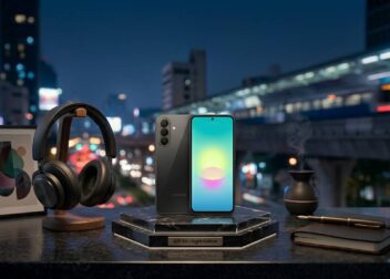 Black Samsung Galaxy A27 5G Night Edition standing on a marble pedestal next to high-end headphones and a notebook with city lights at night in the background.