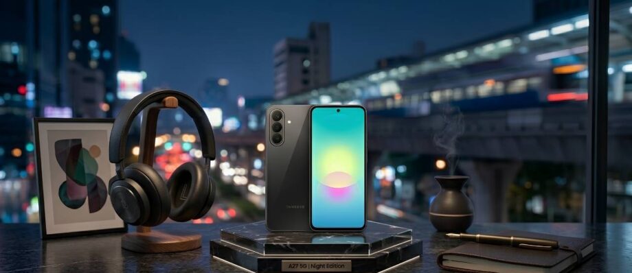 Black Samsung Galaxy A27 5G Night Edition standing on a marble pedestal next to high-end headphones and a notebook with city lights at night in the background.