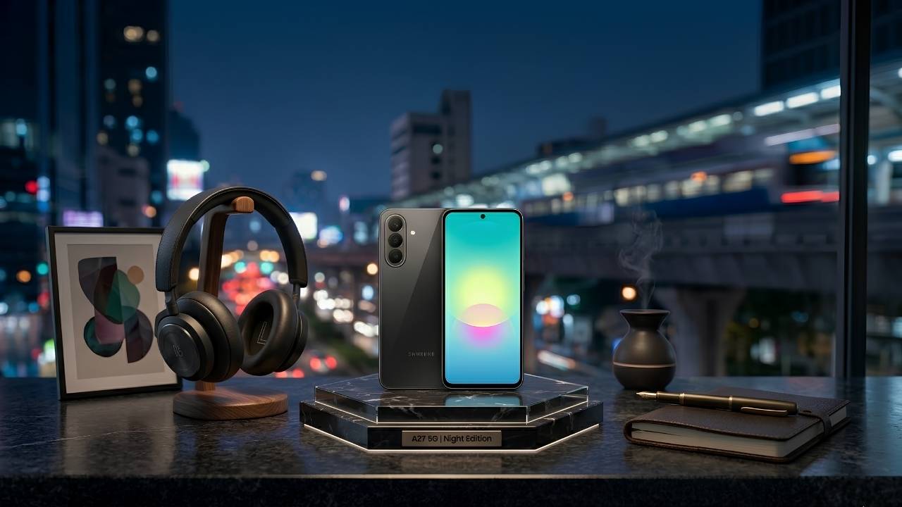 Black Samsung Galaxy A27 5G Night Edition standing on a marble pedestal next to high-end headphones and a notebook with city lights at night in the background.