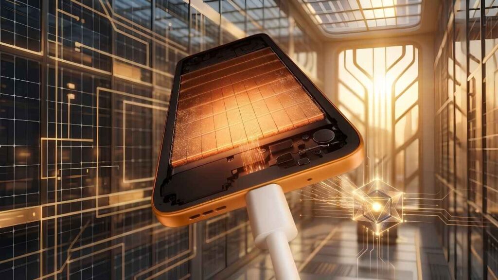X-ray internal render of the Tecno Spark 50 Pro highlighting its massive battery being charged via USB Type-C with glowing golden power grids.