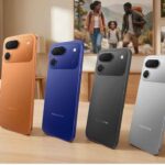 Four units of the Tecno Spark 50 Pro in Dynamic Orange, Midnight Blue, Titanium Grey, and Cloud White showcasing their premium rear camera module.