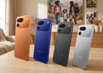 Four units of the Tecno Spark 50 Pro in Dynamic Orange, Midnight Blue, Titanium Grey, and Cloud White showcasing their premium rear camera module.