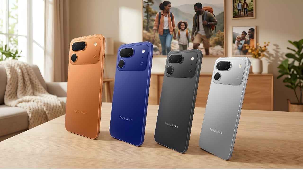 Four units of the Tecno Spark 50 Pro in Dynamic Orange, Midnight Blue, Titanium Grey, and Cloud White showcasing their premium rear camera module.