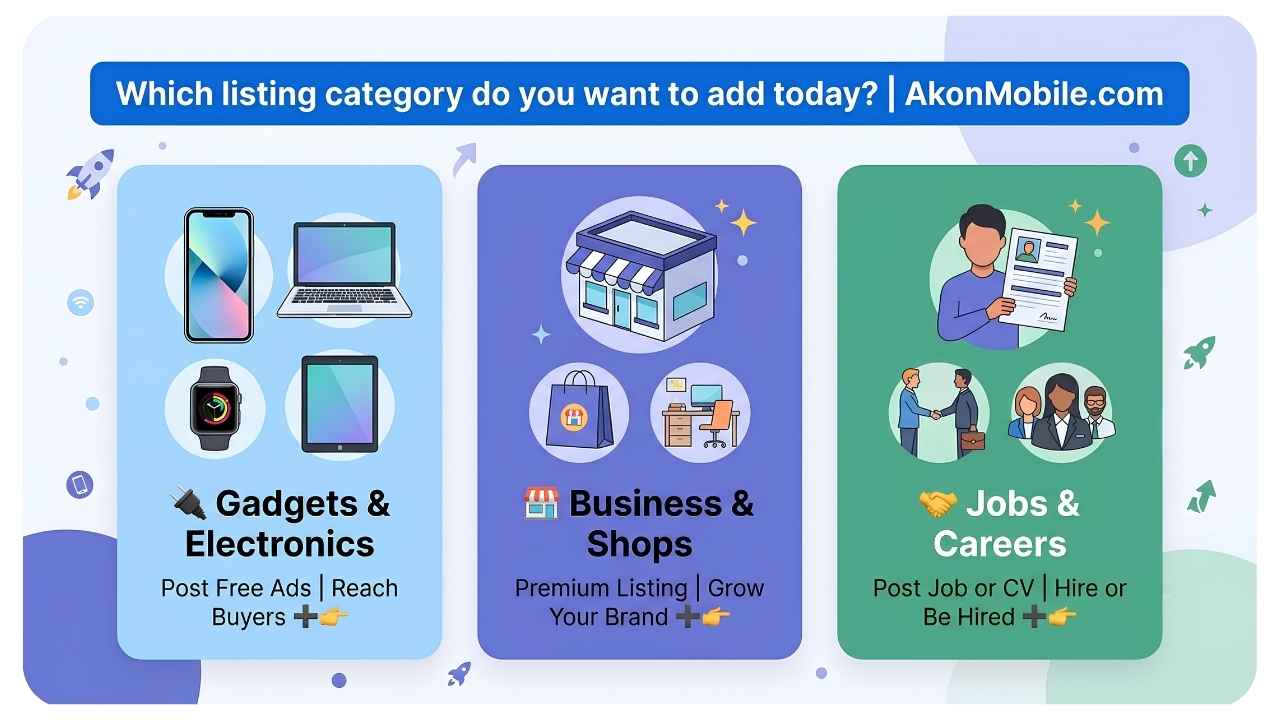 AkonMobile banner showing listing categories for Gadgets and Electronics, Business and Shops, and Jobs and Careers.